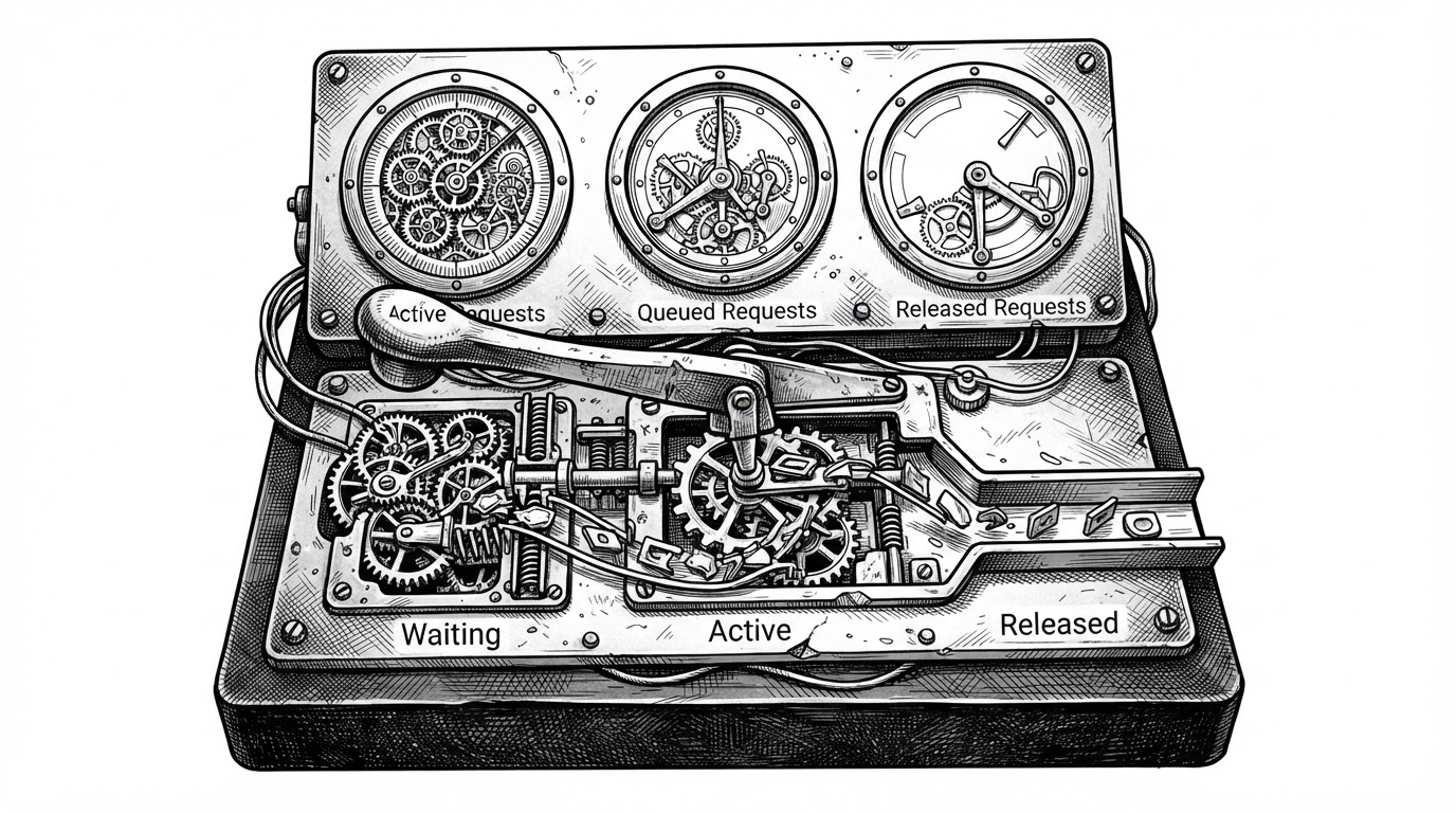 A close-up control panel with three linked dials and a single lever, showing active requests, queued requests, and released requests as part of one mechanism. The image explains that a limiter is a small scheduler, not just a counter.