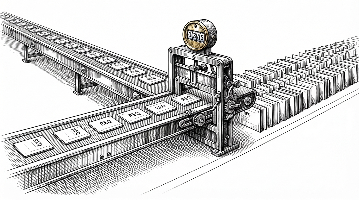 A narrow gate controls a stream of identical packets moving along a conveyor belt, with only a few allowed through at once while the rest wait in a tidy queue behind it. The image explains bounded parallelism: concurrency limiting is less about stopping work and more about regulating flow.