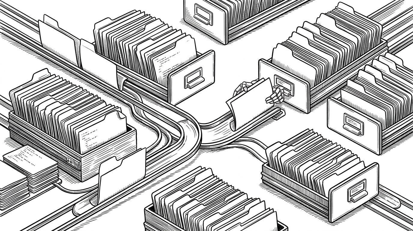 A wide macOS desktop scene rendered like an editorial engraving. Terminal tabs are shown as folded cards being sorted into separate filing drawers by directory context, with one tab moving out of a cluttered stack and into the matching project drawer. The image explains that Ghast treats the filesystem as the thing that decides where a tab belongs.