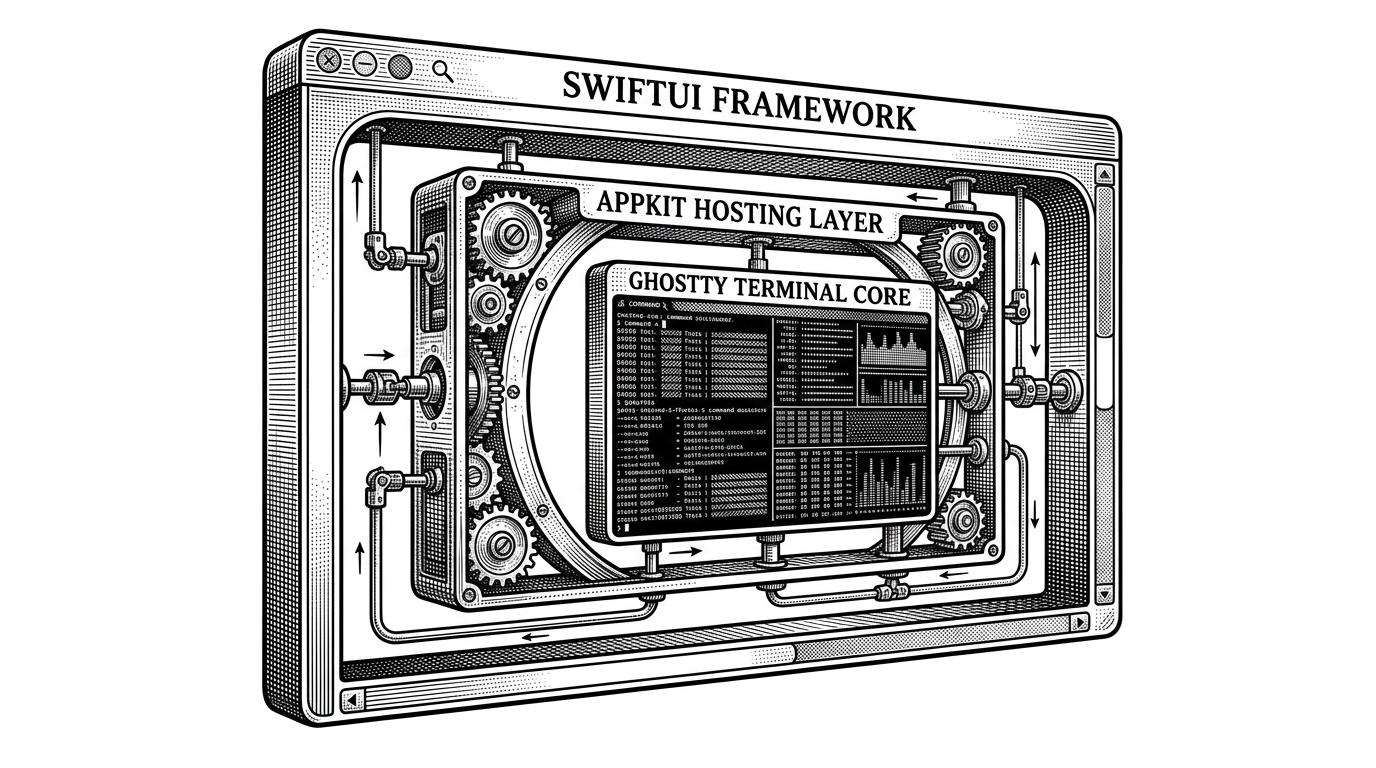 A precision cutaway of a macOS application window rendered in black ink on white paper. The outer shell is clean and minimal, with an AppKit hosting layer inside it and a dense Ghostty terminal core at the center, all connected by narrow mechanical conduits. The image explains why Ghast can feel native without rebuilding the terminal engine from scratch.