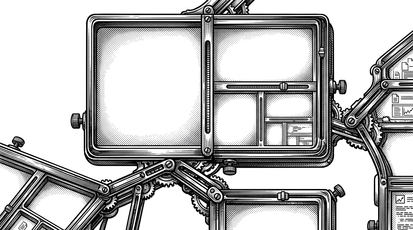 A close-up of a recursive split-pane structure drawn like a branching mechanical tree. One terminal leaf divides vertically, one child divides horizontally again, and nested divider bars and frame joints show the layout growing in depth instead of spreading into a flat grid. The image explains why Ghast models panes as a tree.