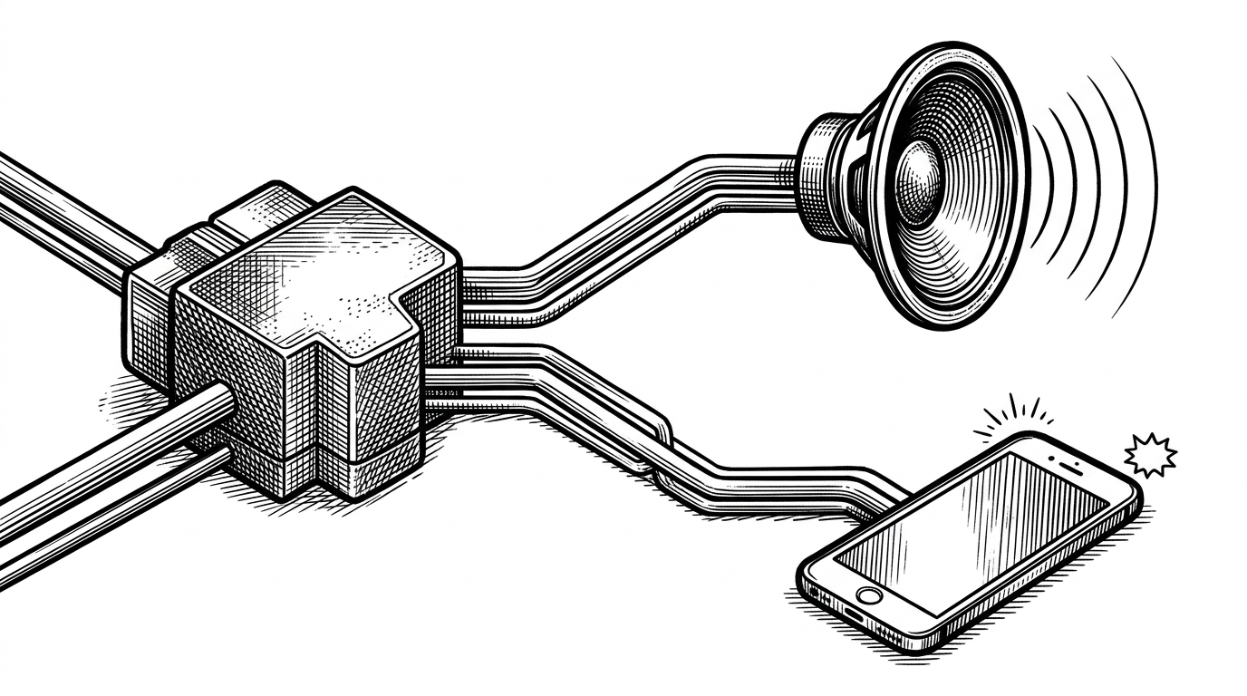 A tight mechanical close-up of one trigger node branching into two paths, one ending in a speaker cone with sound waves and the other ending in a phone with a brief notification pulse. The image explains how one household event can become multiple coordinated outputs without becoming a tangled blob of logic.