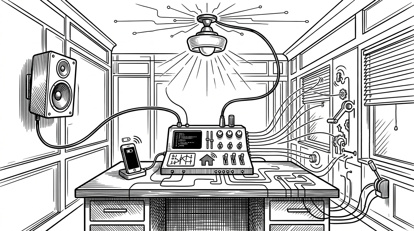 A bright house interior reimagined as a private control room, with one central console sending thin black lines to a speaker, a phone, and a light. The scene shows how a single system can coordinate multiple human-facing outputs instead of merely flipping device states.
