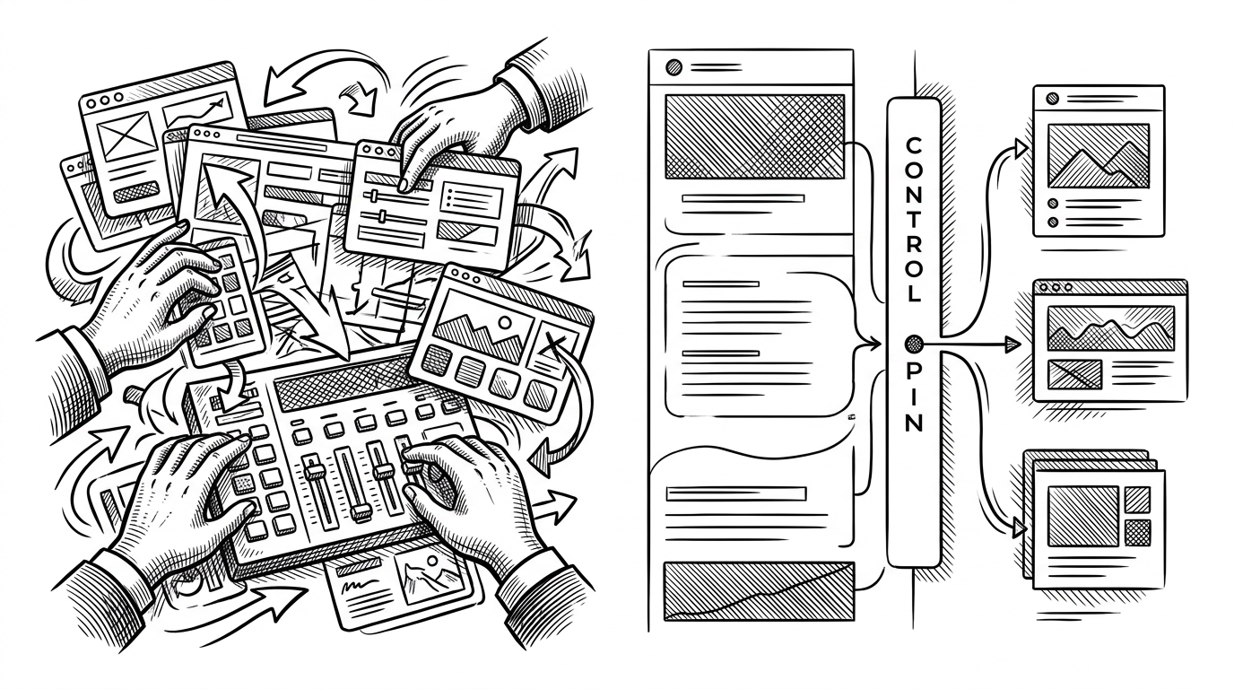 The composition is split into two halves. The left side shows a cluttered landing-page builder with many disconnected widgets, tangled motion hooks, and overlapping controls. The right side shows a disciplined page with a small control spine, clean section boundaries, and a single motion cue feeding several effects.