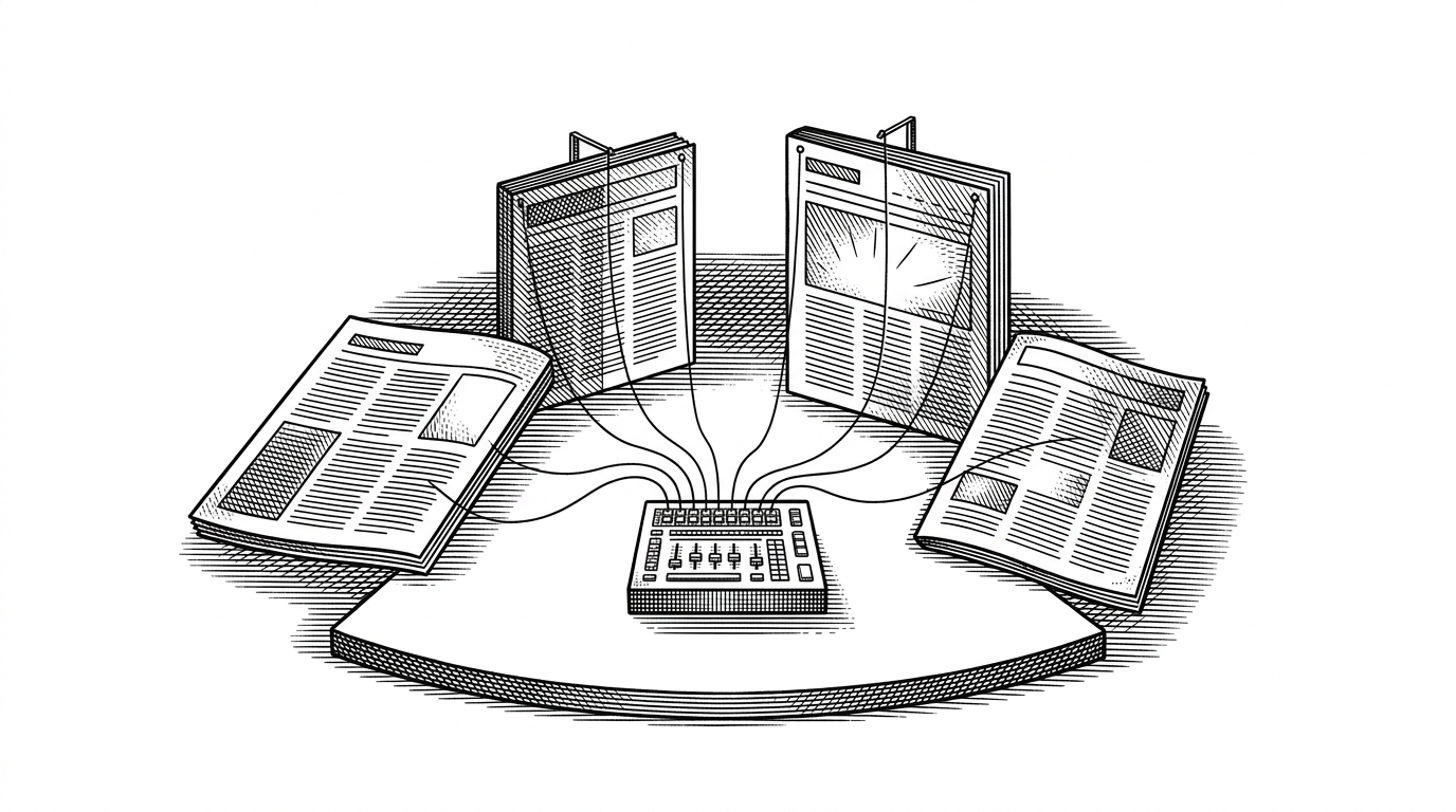 A landing page is staged like a theater production, with multiple sections lit in sequence from a central control board. The image explains the project’s core idea: one shared coordination layer can make a page feel dynamic without turning every section into a separate animation problem.