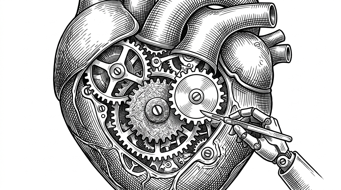 A massive clockwork heart representing a React app, with a small mechanical hand replacing a single gear with a frictionless block gear.