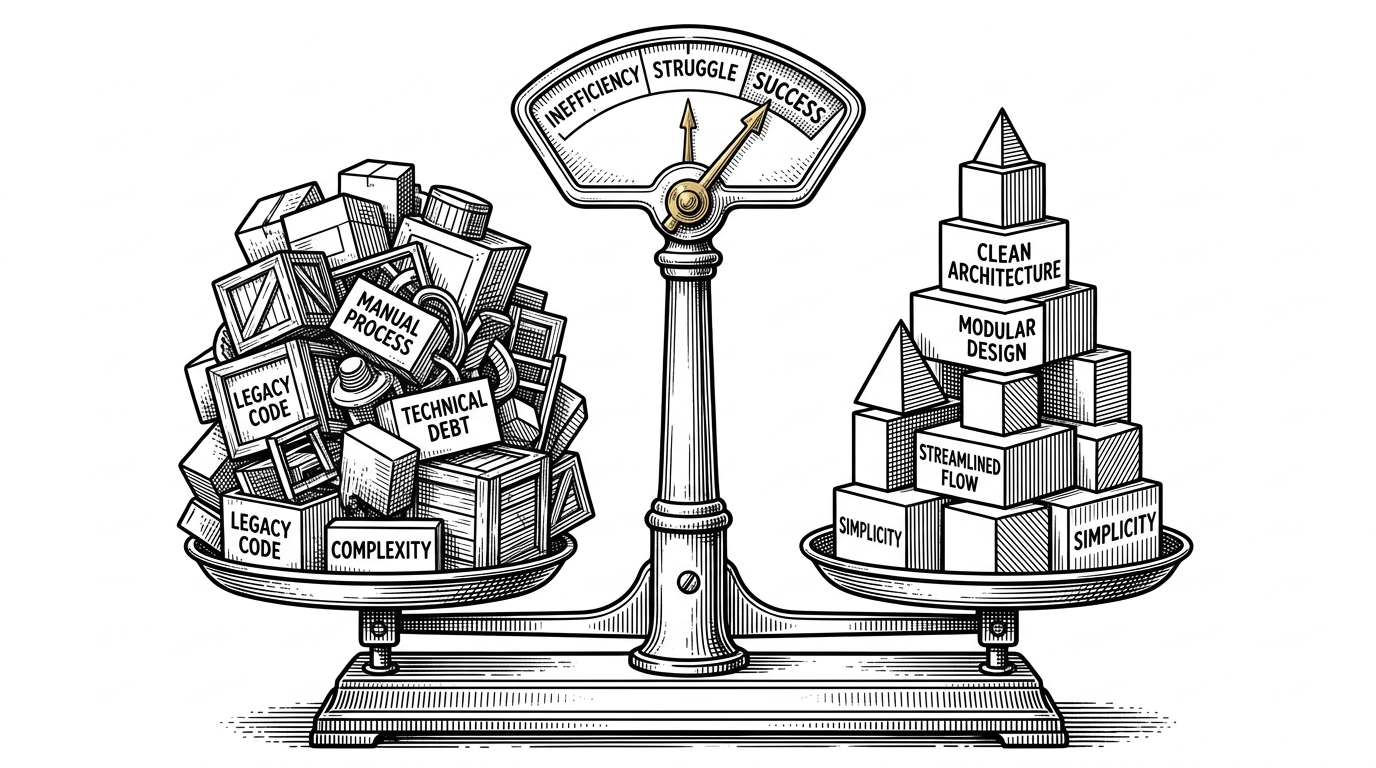 A vintage laboratory scale weighing a heavy nested component against a lightweight static block structure.