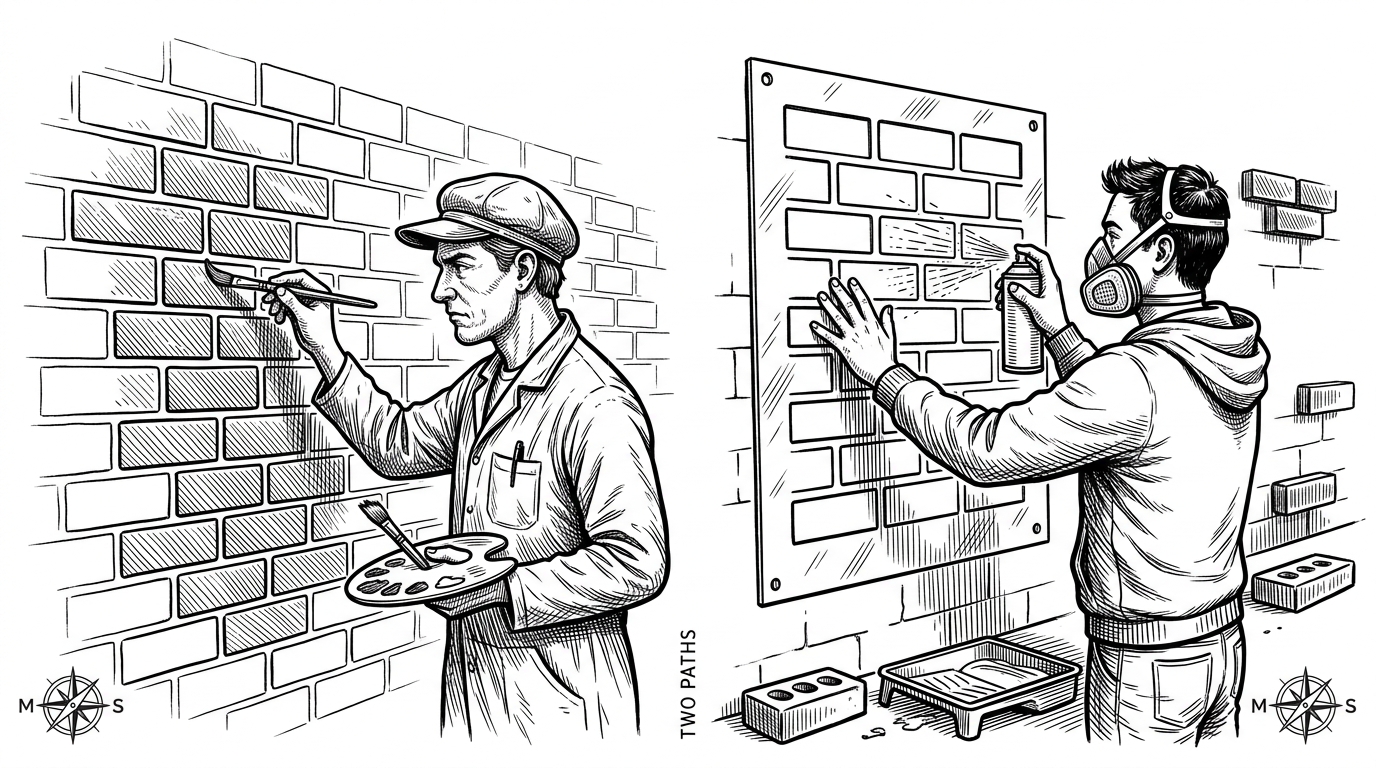 Two people painting a mural. One draws every brick by hand, while the other uses a pre-cut metal stencil and spray paint.