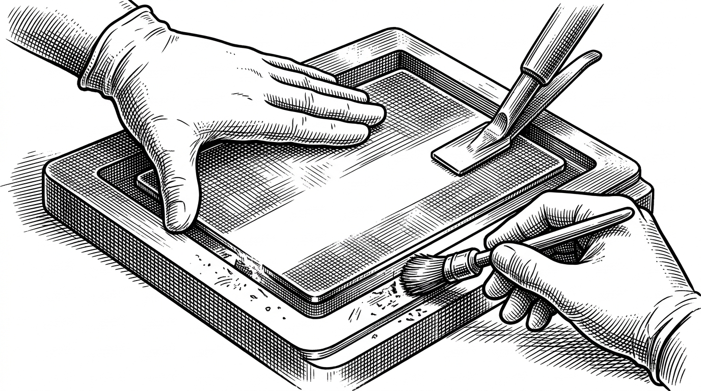 A close-up shows a rectangular metal plate seated in a frame, with one gloved hand pressing it flat and another hand brushing away stray marks from the edge. It explains why the repo rewrites the body class after hydration instead of trusting the browser to leave the DOM untouched.