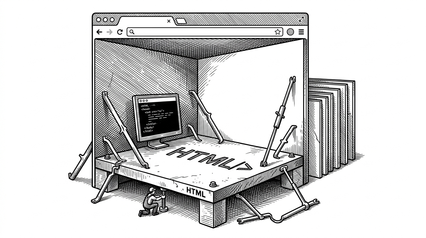 A wide editorial scene shows a browser shell built like a house foundation, with the body tag as the concrete slab at the center. Loose mechanical braces tug at the frame while interchangeable theme panels wait off to the side, explaining that the repo is about keeping the shell stable while the visual system changes underneath.