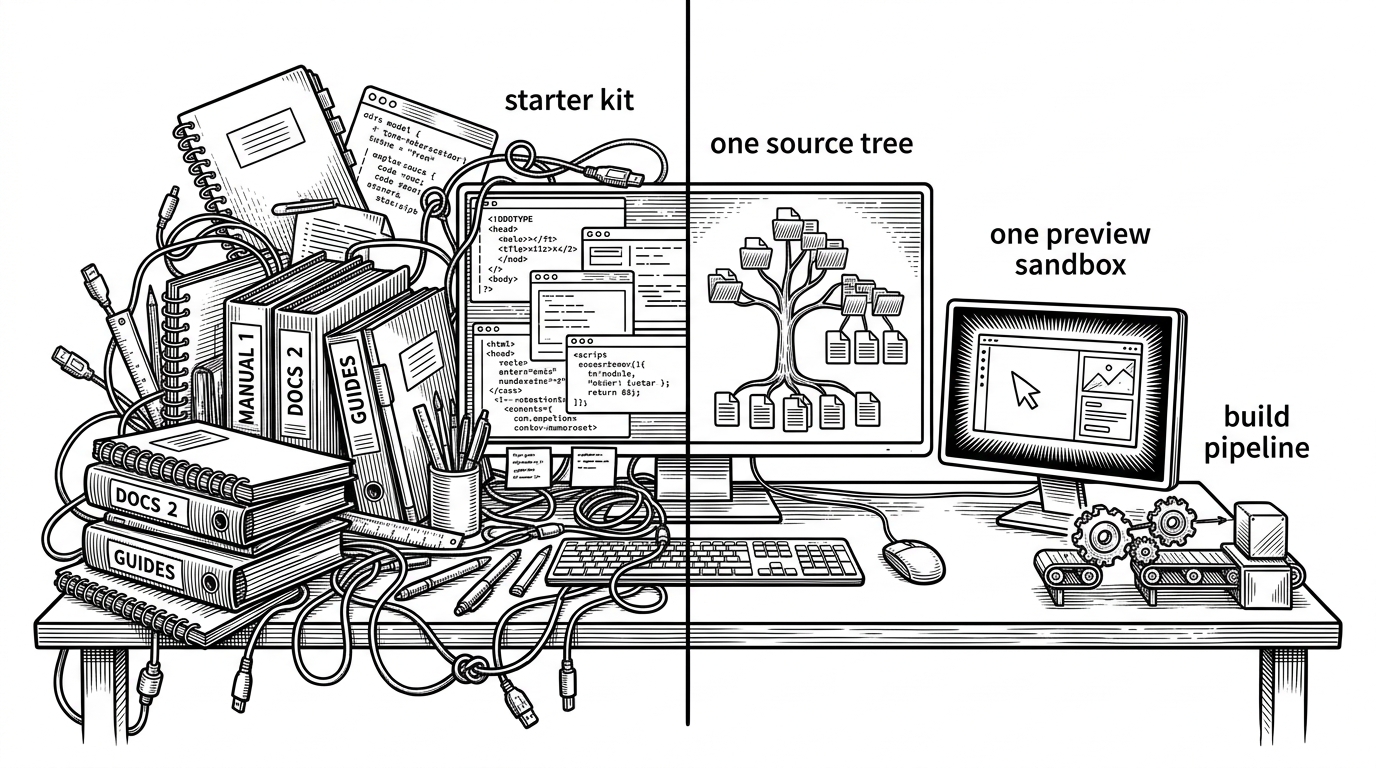 A black ink split illustration showing two starter kits. One side is crowded with extra scaffolding, stacked notebooks, and tangled cables, while the other side is a compact bench with one source tree, one preview sandbox, and a small build pipeline. The image explains that the repo removes surface area instead of adding more layers to manage.