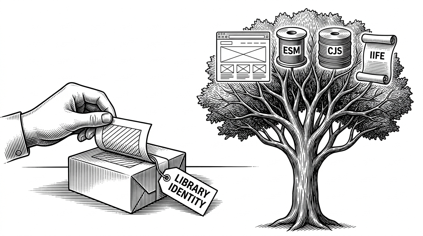 A black ink editorial illustration of a workbench where a blank package identity is being swapped for a finished one. Source files branch into multiple outputs, showing how the repo turns one live codebase into a preview environment and several publish formats. The image explains that the development loop and the release loop are intentionally the same machine.