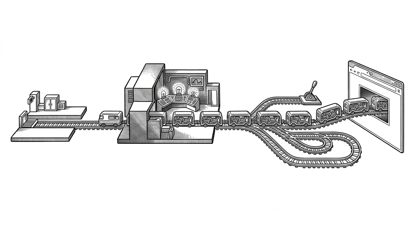 A wide transit hub shows a backend terminal on the left, a relay station in the center, and a browser window on the right. The scene explains how a relay can appear when a handler asks for it and carry a live stream without manual setup.