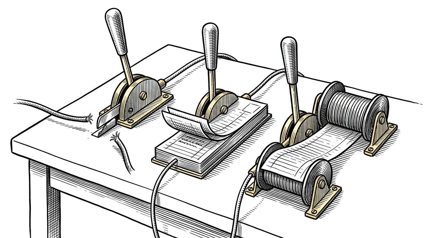 A close-up control desk shows three brass levers on a white tabletop. One cuts a live wire, one rolls a stamped ledger page backward, and one sends the same page forward again, which explains abort, undo, and redo as session-level controls.
