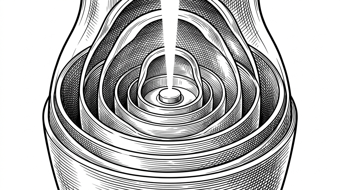 A single React component sits buried at the center of layered translucent shells, each one wrapping the next like nested dolls. The outer shells suggest HOC, memo, fragment, portal, and dynamic wrapper layers, while a narrow beam points to the hidden inner component at the core, explaining how wrappers obscure source locality.