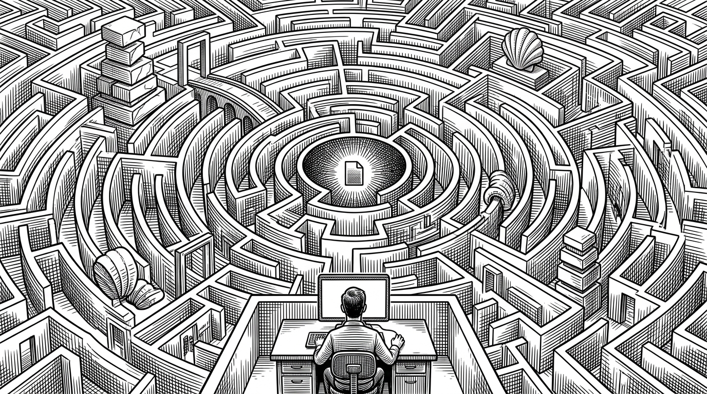 A developer sits before a sprawling maze made of React component paths, nested panels, and misleading branches. One tiny file icon glows at the center while the rest of the maze loops around portals, fragments, and wrappers, showing how a visible UI can hide the real source file behind it.