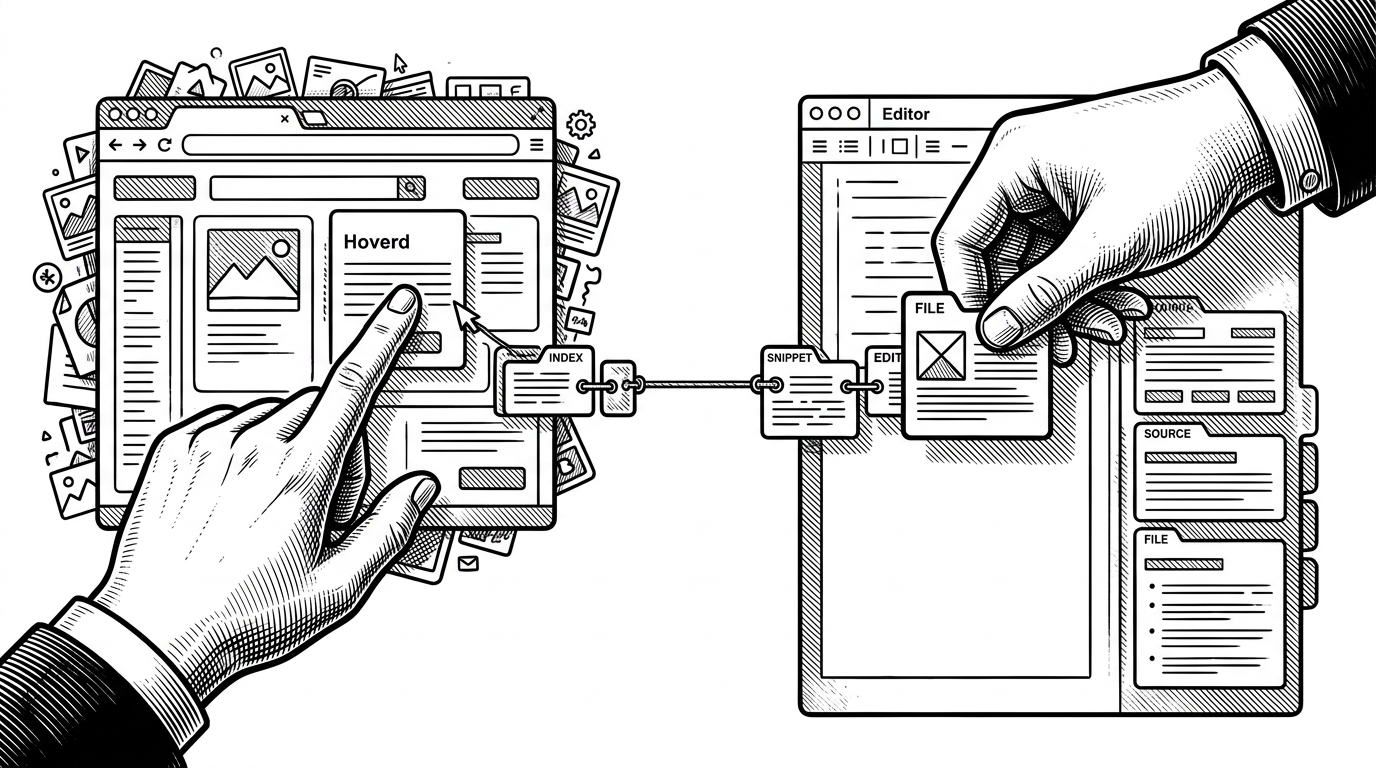 A close-up cutaway shows a hover box on the left feeding into a source lookup pipeline on the right. The visual emphasizes the transition from a visible UI node to the exact source file, line, and snippet needed for an AI edit.