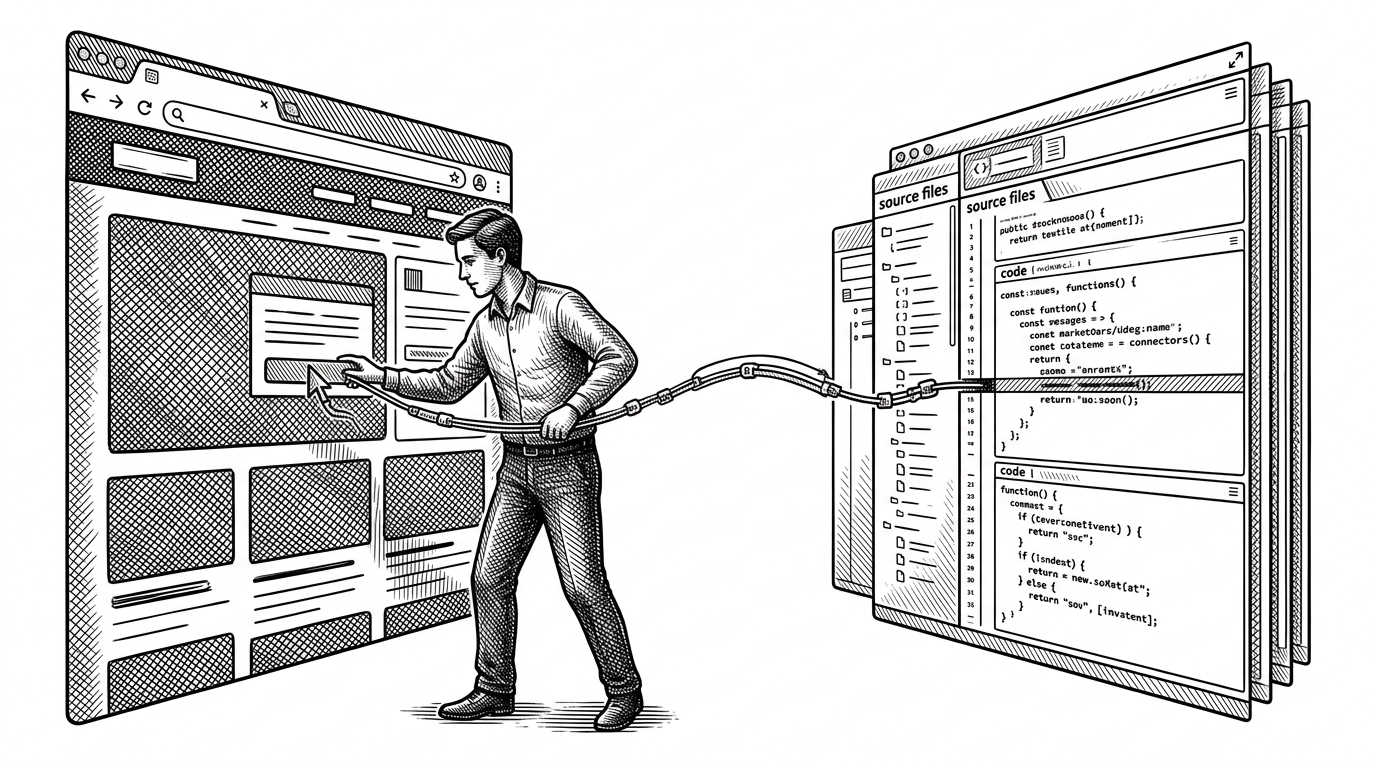 A developer stands between a browser window and a stack of source files, with a thin mechanical thread connecting a hovered UI element to a specific line in an editor. The image explains the core promise of the project: turning visual UI into edit-ready source context for an AI agent.