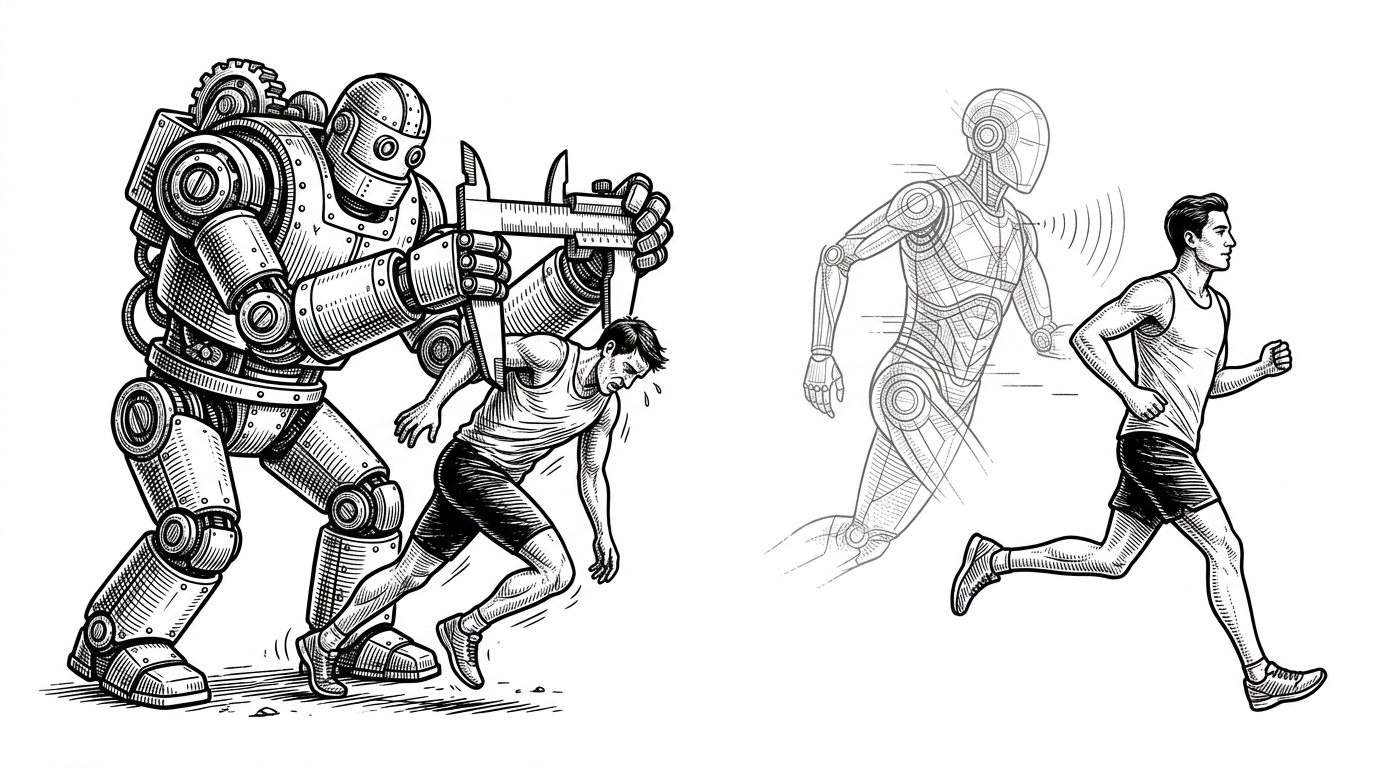 A heavy clunky robot struggling to measure a runner while slowing them down, compared to a ghostly transparent robot measuring effortlessly.