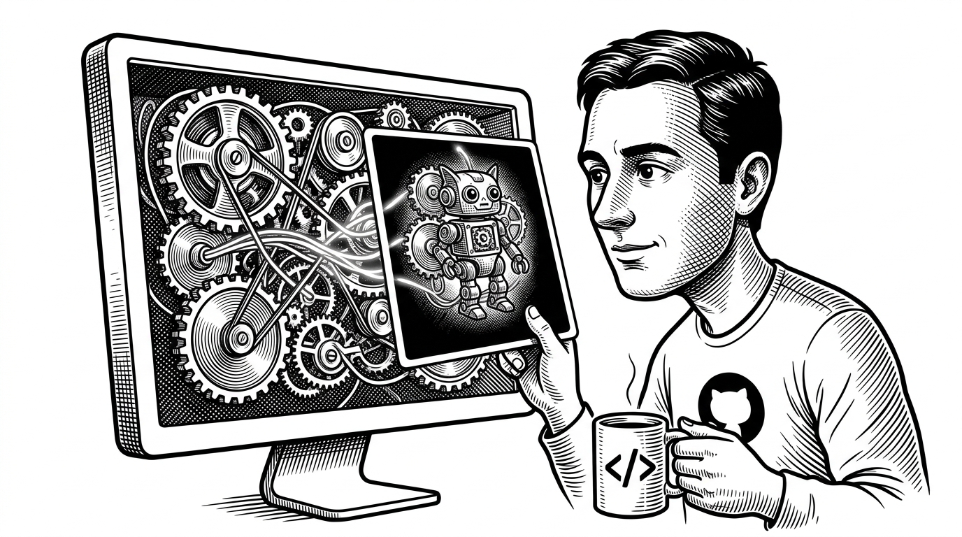 A developer looking through a handheld X-ray lens at a monitor, revealing glowing internal clockwork and tangled fibers of an application.