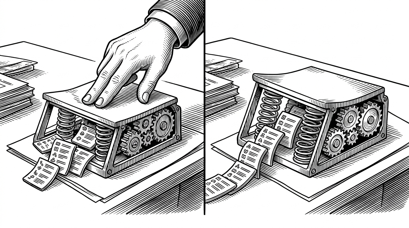 A split close-up shows two coding desks. On the left, a hand flattens a reactive structure until its spring-loaded parts lock up. On the right, the same structure is left intact and the parts keep moving in sequence. The contrast explains how `AGENTS.md` preserves Solid's reactive behavior by stopping familiar but harmful habits.