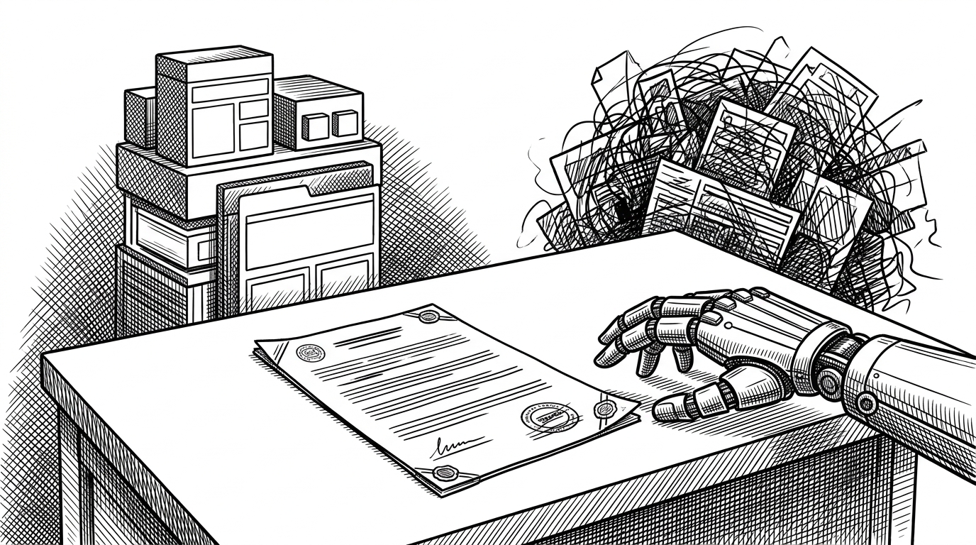 A stark editorial scene shows a slim instruction sheet on a white desk stopping a mechanical hand from reaching for a JSX component page. The image explains the repo's core idea: a small rules file can steer an AI agent away from framework mistakes before code is written.