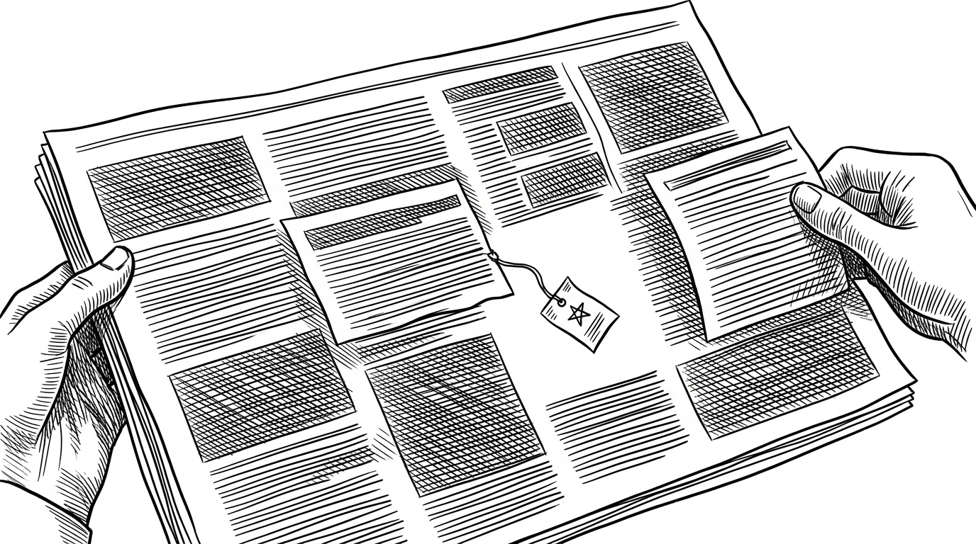 A long document page is being cut apart and rearranged while one annotation stays tethered to the same paragraph. The scene explains stickies' core promise: the relationship survives even when the DOM layout does not.