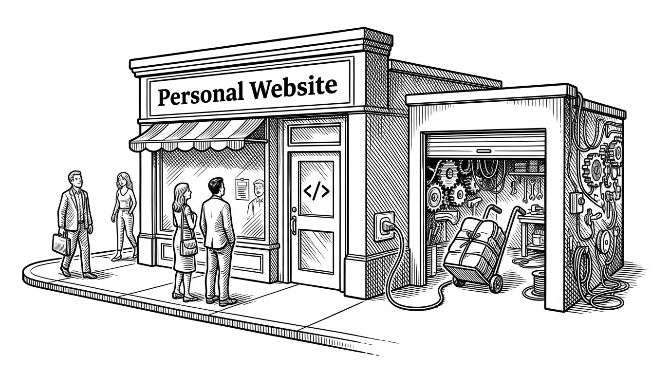A small personal website storefront sits in front, while a hidden workshop is attached to its side. A bundled file rolls from the side room into a cable that feeds the front door script tag. The image explains that the public page is only the shell, while the real work happens in the sidecar bundle.