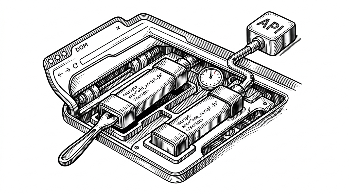 A browser window in close-up with one script tag being pulled out and a fresh script tag sliding into its place. A small clock face set to one second suggests the polling loop, and a narrow conduit from an API route box delivers the updated bundle. The scene explains how the repo replaces scripts instead of doing a full page refresh.