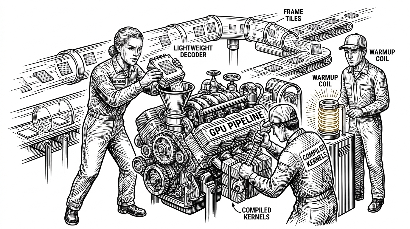 A compact engine sits in a racing pit lane, surrounded by tools that represent faster decoding, compiled kernels, and a warmup cycle. The image explains that ArtSpew's optimization stack exists to make discovery immediate enough to matter in practice.