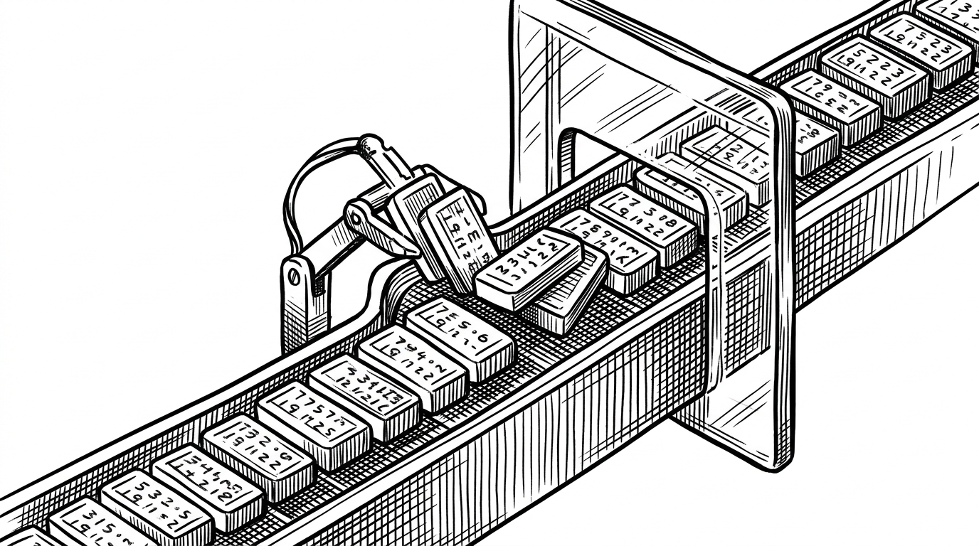 A tight close-up of token tiles, numbers, and prompt fragments moving through a narrow encoder gate. The image explains that ArtSpew inserts randomness before the text encoder, so the prompt becomes a manipulable data stream rather than a fixed sentence.