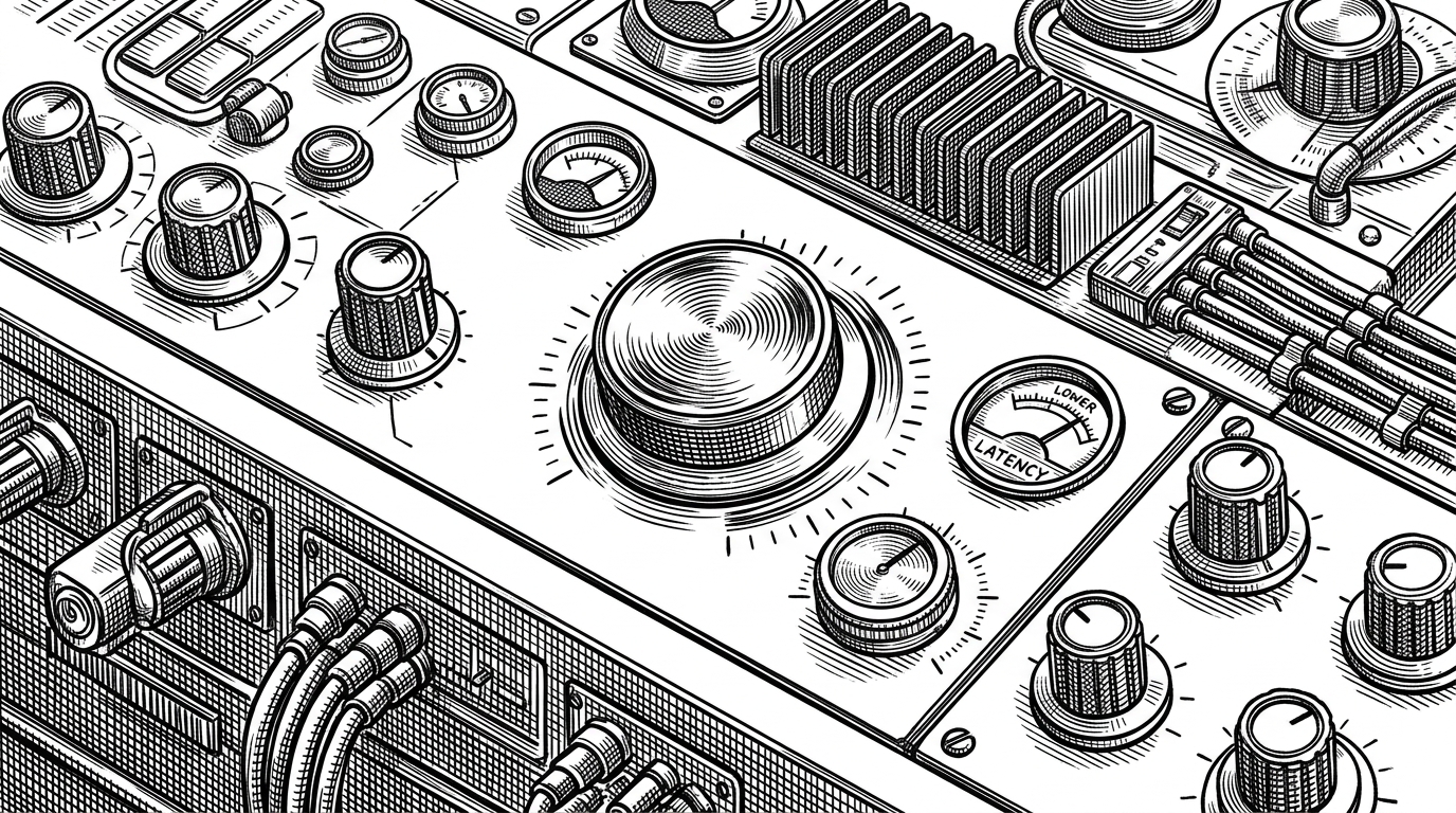 A close-up of performance knobs, meters, and heat sinks arranged like a precision machine. The scene turns optimization into a physical object, showing that the project’s real craft is shaving milliseconds rather than polishing a final frame.