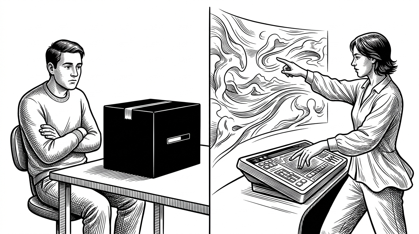 A split scene contrasts a sealed batch-render box on one side with a performer actively shaping a live dream stream on the other. The image makes the editorial argument legible at a glance: waiting for a result is a different experience from steering one in real time.