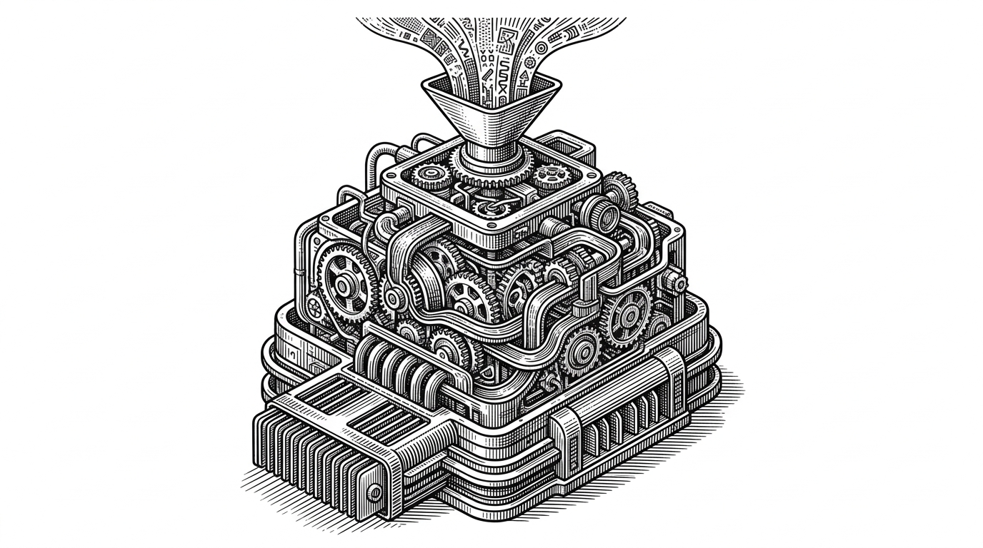 A layered machine shows a prompt at the top, an image generation engine in the middle, and a tuned acceleration layer below it. The scene explains that the profile is signaling an interest in optimized inference, not just prompt-based AI use.