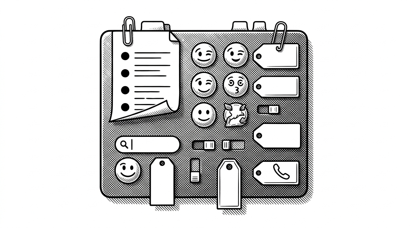 A close-up of a compact dashboard made from README-like bullets, emoji markers, and label tags. The scene shows how a short profile file can function as a dense signal board for interests, collaboration, and contact.