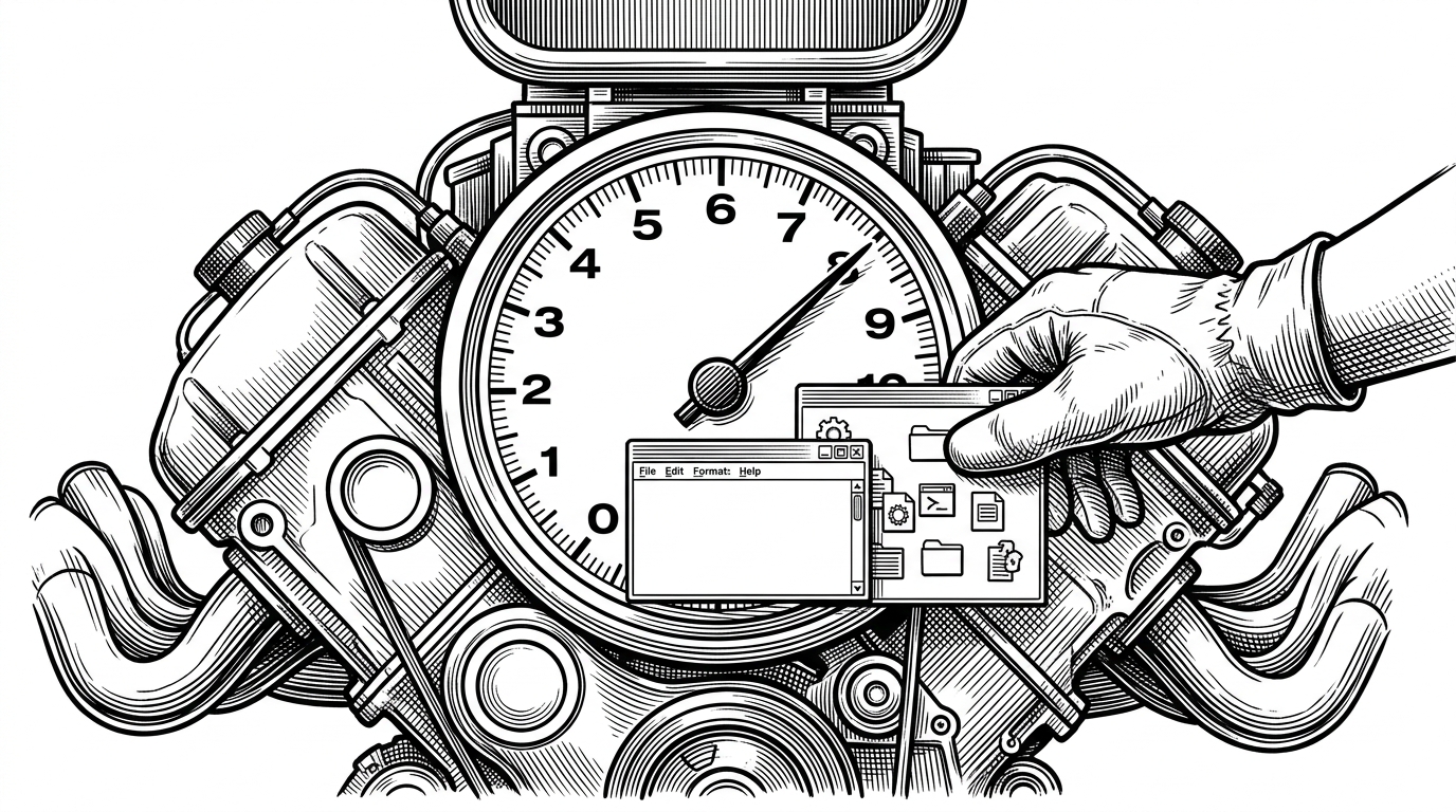 A racing engine with a tachometer partially blocked by a floating desktop window, while a mechanic moves the window aside. It explains the repo’s odd claim that the operating system itself can slow down image generation when the stack gets fast enough.