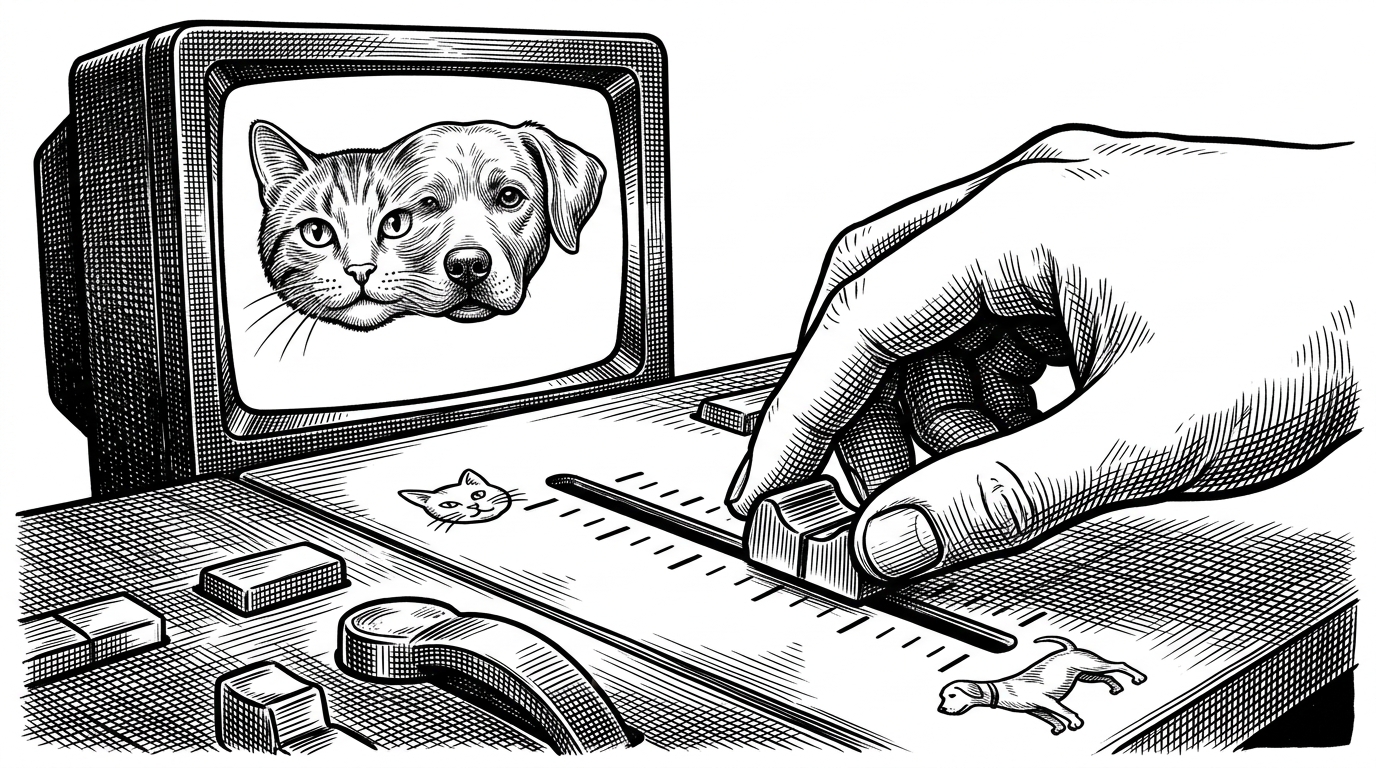 A close-up of a hand sliding a physical fader between two concept labels, with a monitor beside it showing a gradual morph between two different images. It explains how the repo turns prompt choice into a continuous interpolation rather than a binary command.