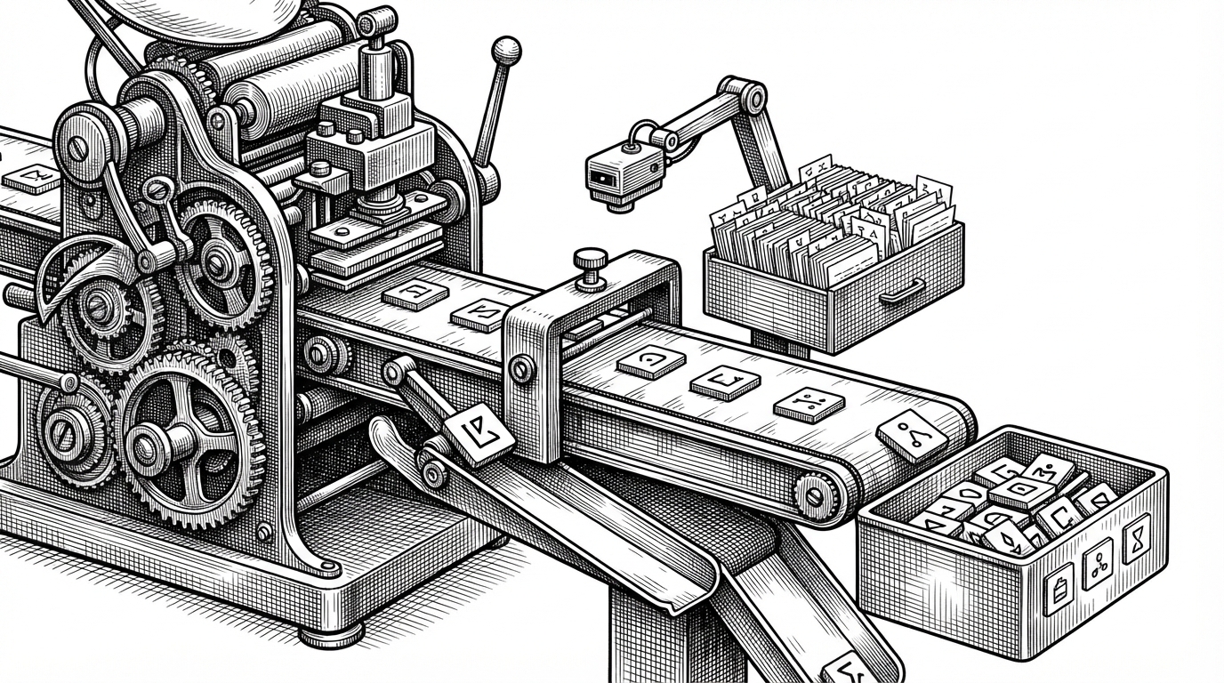 A close-up mechanical scene shows candidate ID tiles moving along a conveyor belt toward a database checkpoint. Each tile is tested, rejected if it matches an existing record, and sent forward only when it clears the gate. The image explains the loop that keeps short IDs unique without making the system feel heavy.