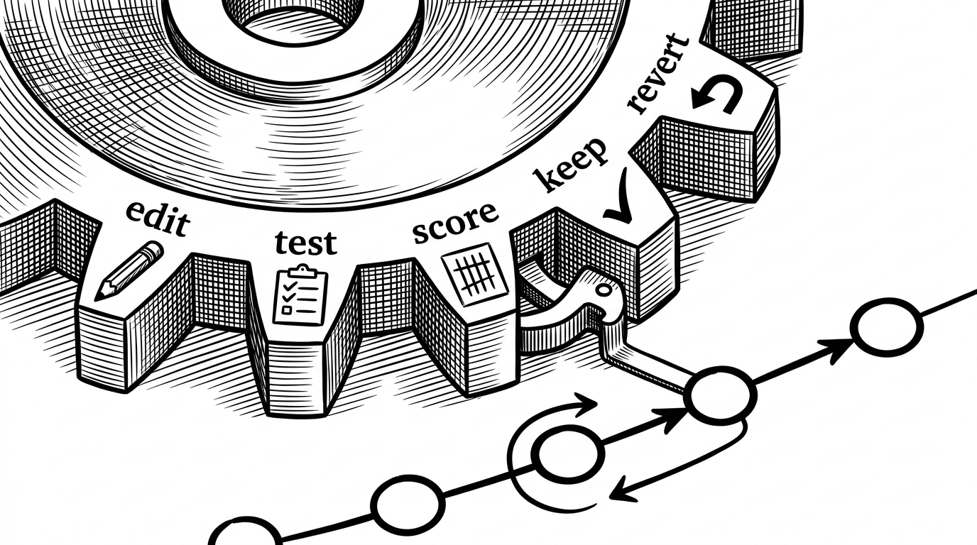 A close-up ratchet wheel with five labeled teeth: edit, test, score, keep, and revert. A pawl locks only the upward movement while a tiny Git timeline beneath it shows one commit advancing and another being rolled back, illustrating non-regression.