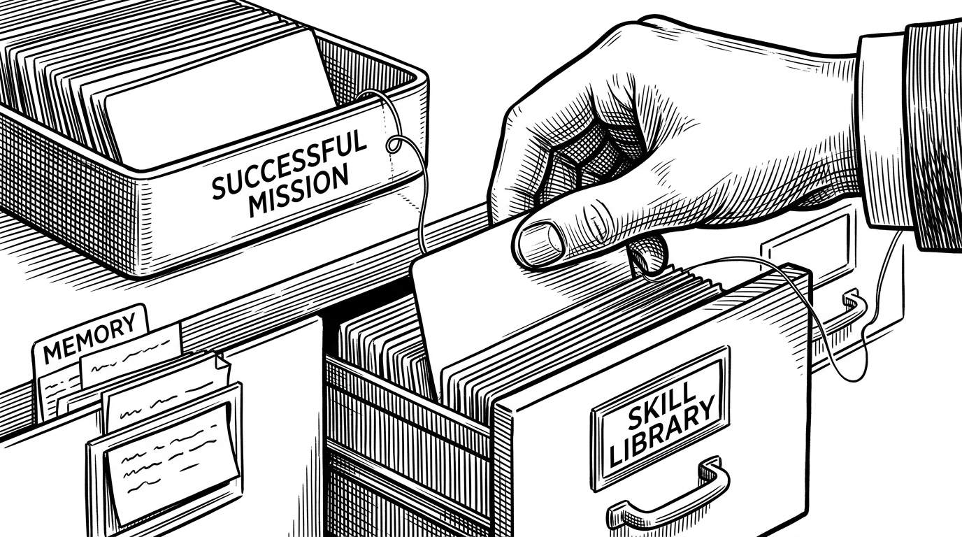 A close-up view shows a hand moving a card from a successful mission tray into a filing system labeled Skill Library, while a smaller tray labeled Memory keeps only a few notes. One drawer is open and another is sealed, with a thin thread connecting action to reuse. The image explains how Hermes separates reusable procedures from retained context.