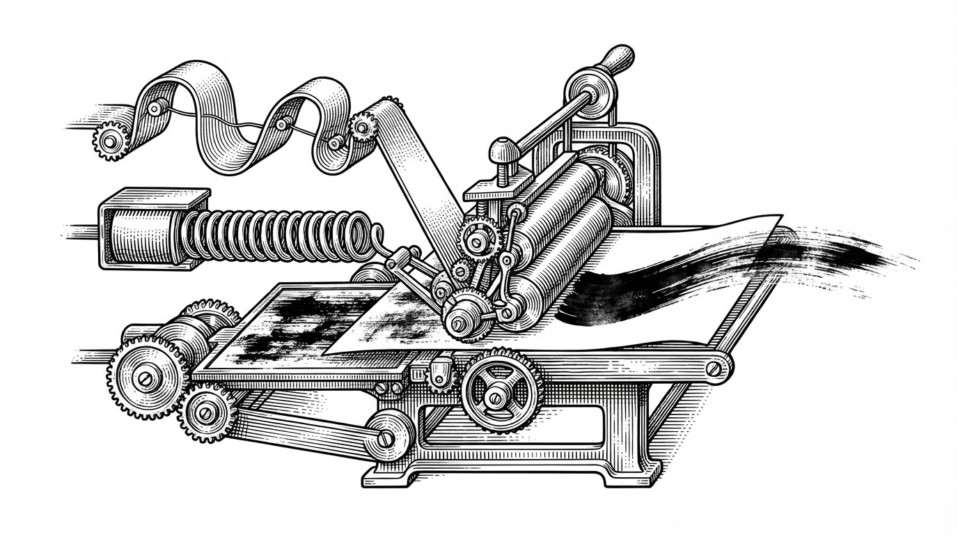 A close-up editorial illustration of a single brush stroke being manufactured from geometry, pressure, and texture. The path, pressure curve, and dry-brush surface are shown as linked mechanical parts, explaining how procedural brushwork becomes a visual material.