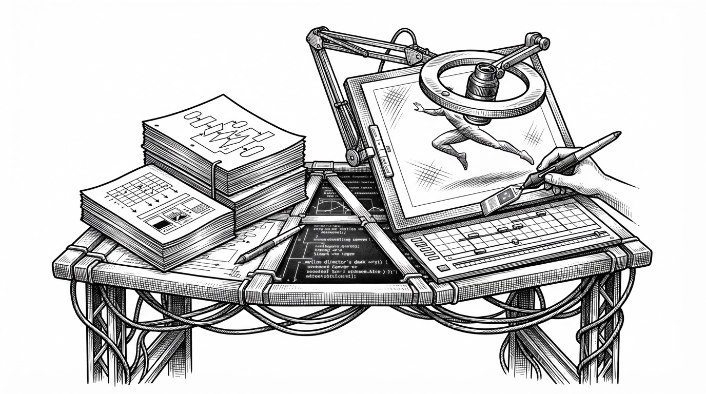 A motion director's desk rendered as a black ink editorial illustration. Style recipes, clip specs, a camera ring, and a timing grid converge into one canvas frame, explaining how the repo turns structured intent into repeatable video.