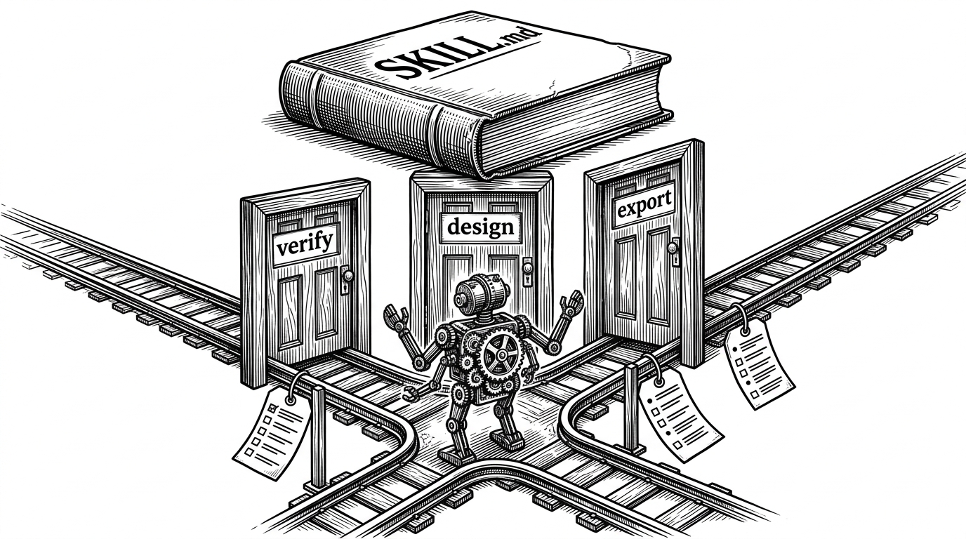 A close-up of SKILL.md as a rulebook feeding a small automaton. The automaton must choose between three doors labeled verify, design, and export, while rails and checklists keep it from wandering. It explains that the repo controls agent behavior before it renders output.