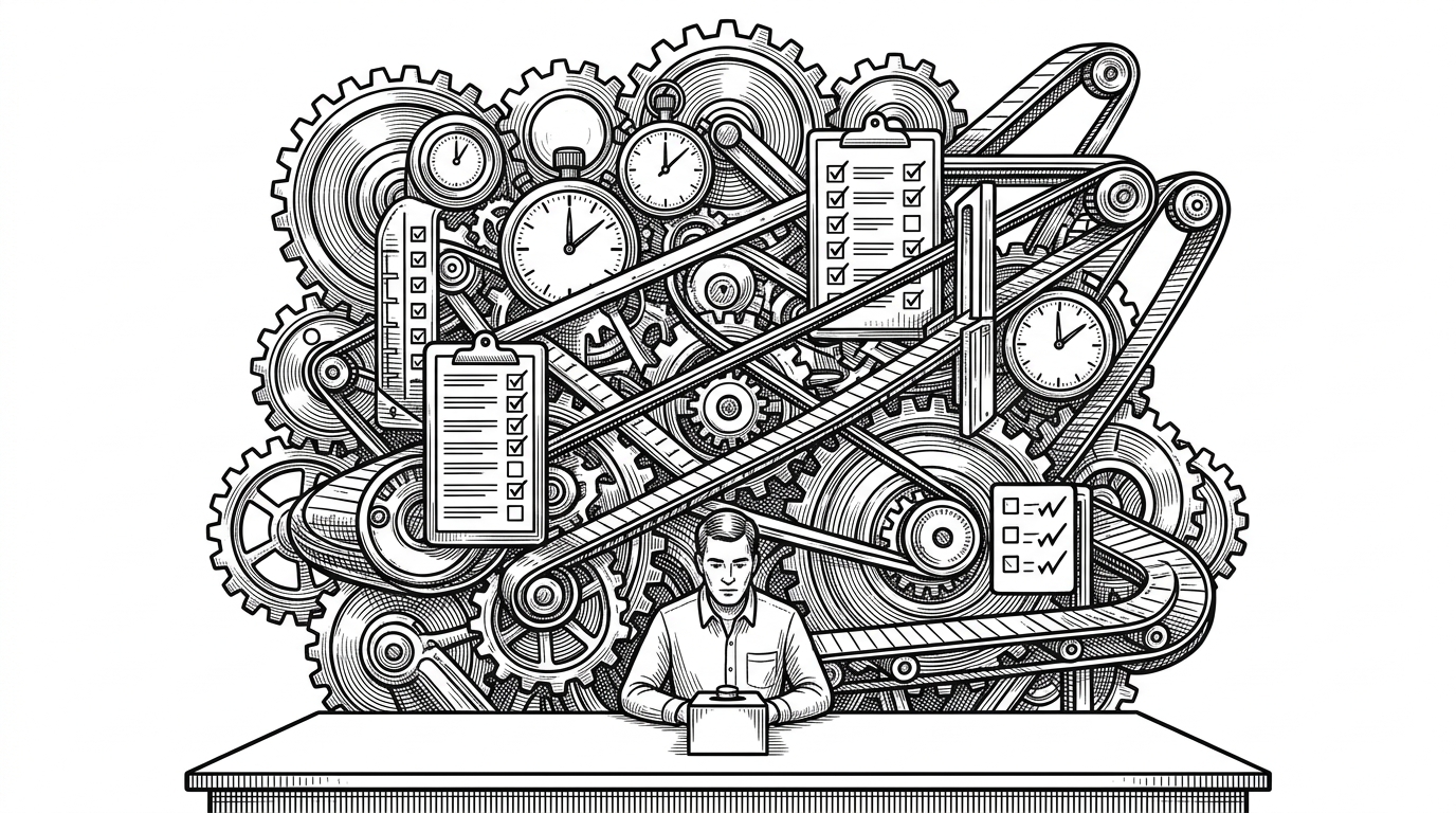 A lone engineer sits in front of a small prompt box while a much larger machine of gears, timers, checklists, and gates runs behind the desk. The image explains the book’s central claim that prompts are only the front door, while the real work happens in the loop around them.