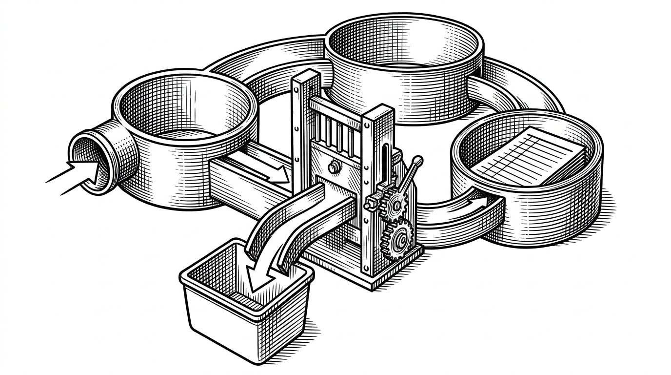 A close-up loop assembly with four chambers shows input entering from one side, a validator blocking the center, failed outputs diverted into a correction bin, and memory updated at the far end. The image explains why the repository treats verification as the gate that makes autonomous work possible.