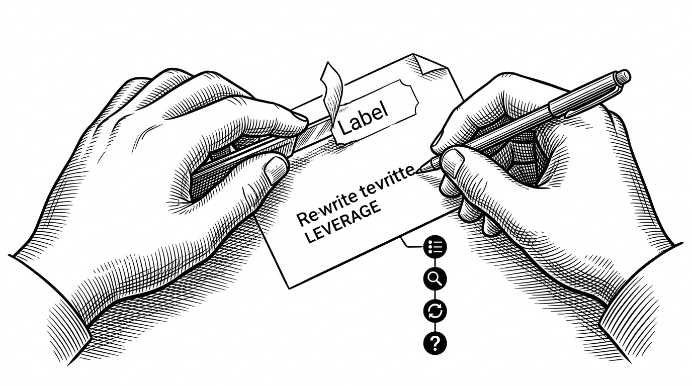 A close-up of a paper card labeled with a generic question being cut and relabeled into a more precise, leverage-oriented prompt. Beside it sits a small sequence of steps, showing classify, research, redefine, and answer. The image explains that the repo’s core algorithm is question transformation, not simple response generation.