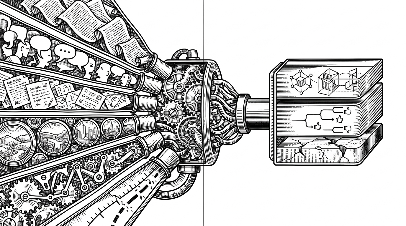A close-up assembly line shows six source streams feeding into a compact skill file. The left side is messy and varied, while the right side is structured into mental models, decision heuristics, and explicit limitations. The image explains how the project converts evidence into synthesis without pretending the result is raw imitation.