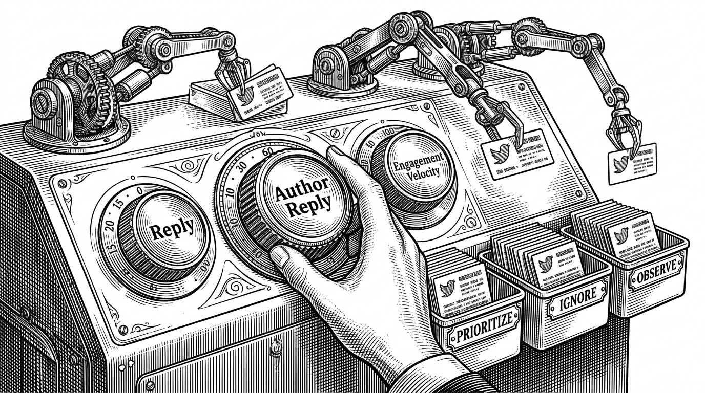 A close-up mechanical console has three large dials labeled Reply, Author Reply, and Engagement Velocity. A hand turns the Author Reply dial, which is visibly larger than the others. Three mechanical arms sort incoming tweet cards into prioritize, ignore, and observe bins. The image explains how the repo weights signals instead of treating all engagement as equal.