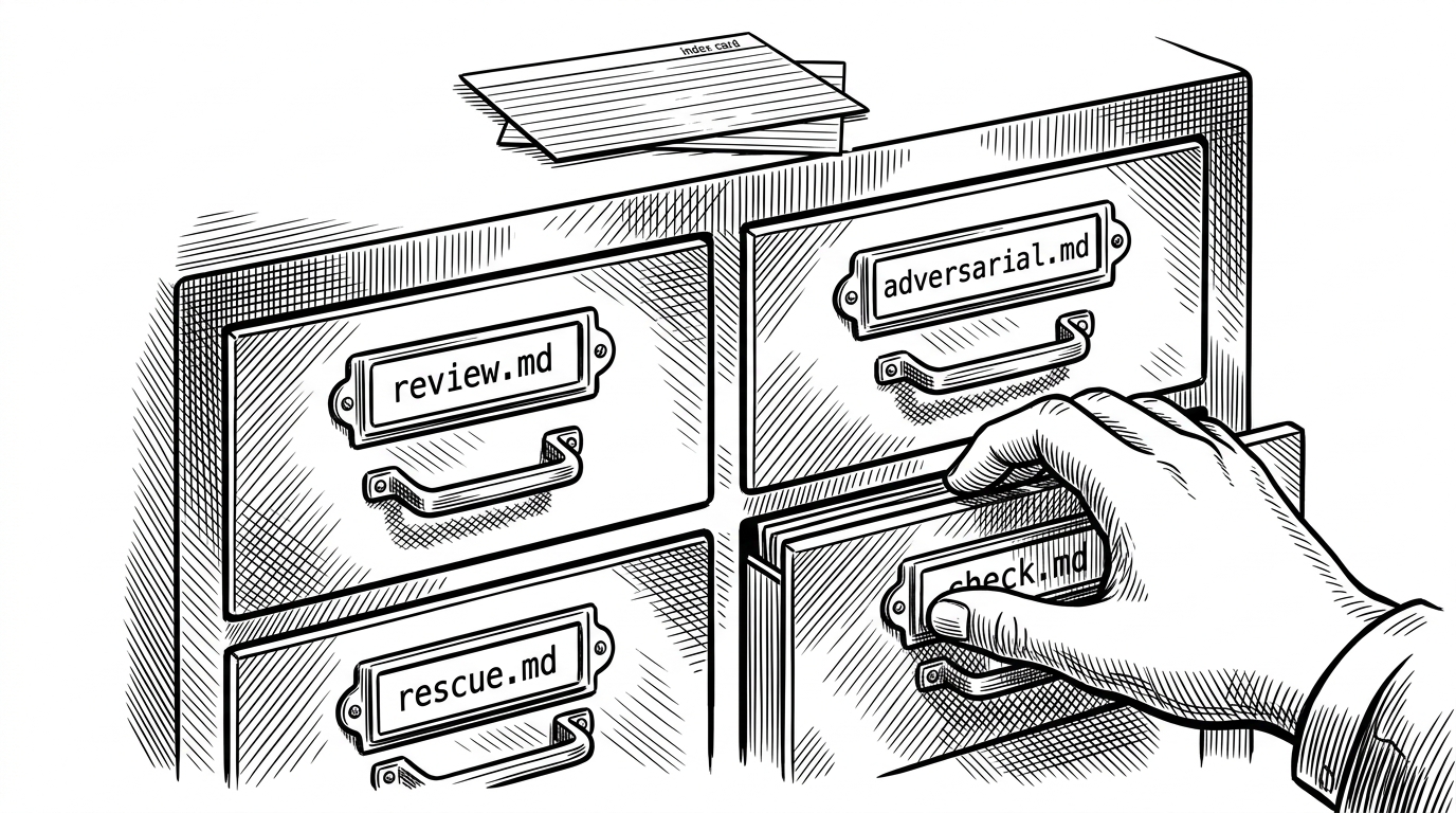 A close-up of labeled drawers and index cards for review.md, adversarial.md, rescue.md, and check.md. The image explains that Redline's behavior is governed by readable policy files, not buried in a framework.