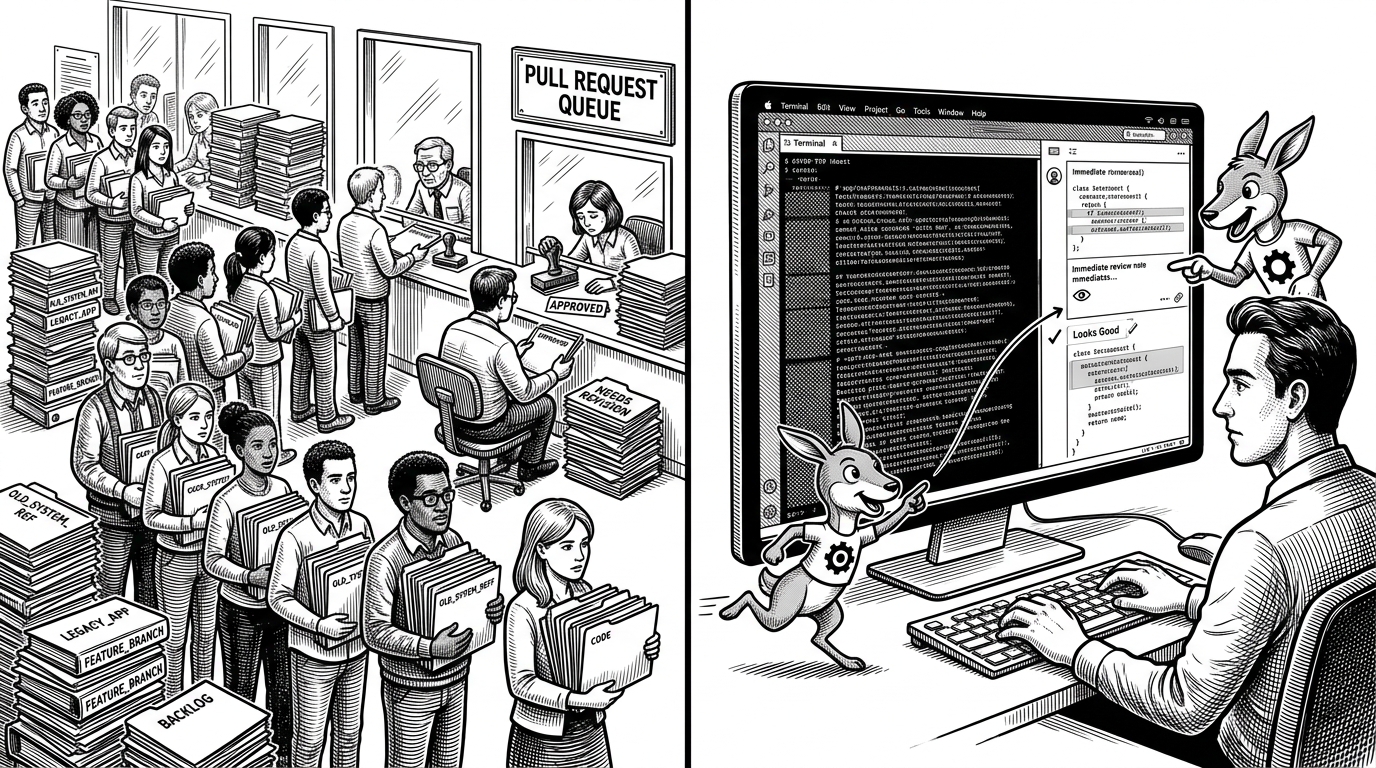 A split scene shows a slow pull request queue on one side and a tight terminal loop on the other. The contrast explains that Redline shifts review from a delayed handoff into an immediate interruption inside the coding session.